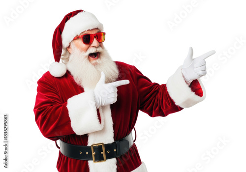 elderly santa claus in a rich red velvet suit and sleek red sunglasses aggressively pointing with both hands against a transparent studio background. Maximal joyful energy concept