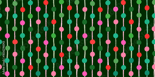 Dots and stripes vector seamless pattern, red, green and pink Christmas background for textiles and banners