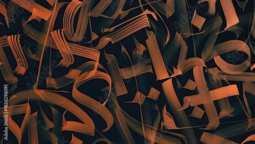 Abstract calligraphy art with bold orange strokes on a dark textured background creating a dynamic and energetic visual composition
