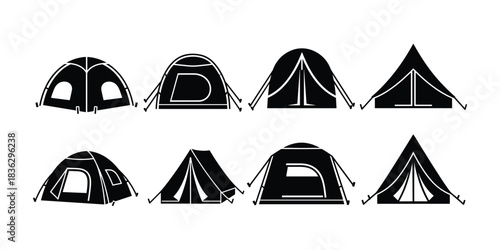 Various vector silhouettes of camping tents on white background concept