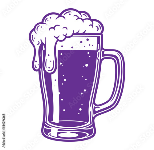 Purple beer mug illustration with overflowing foam and white outlines on isolated background