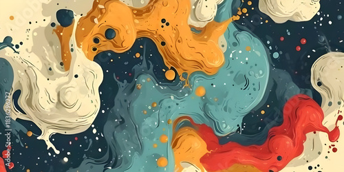 Vibrant abstract fluid art with swirling organic shapes and dynamic splashes of color creating a lively and energetic visual experience