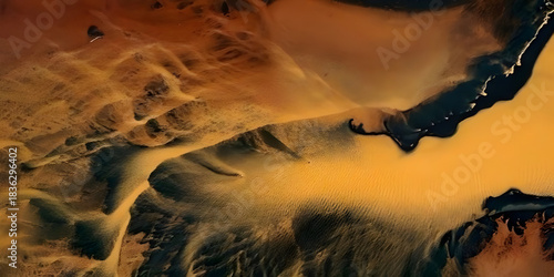 Abstract macro photography captures swirling golden and dark brown textures with fluid motion and organic shapes creating a dynamic visual