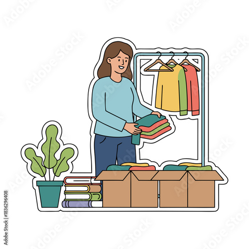 Woman Organizes Clothes on Rack and in Boxes Minimalist Sticker Style with Plants and Books in Flat Vector Art on Pure White Background