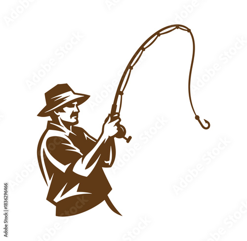 Silhouette illustration of a fisherman casting a fishing rod ready for angling