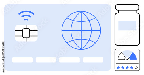Digital identification. Elements include a chip-enabled card, wireless icon, globe, and metrics for data . Digital identification for global connectivity, authentication, and fintech. Usage
