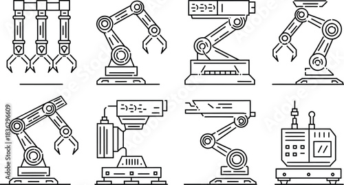 Industrial robotic arm line icons set. Manufacturing automation, mechanical claw, and factory machinery vector illustration collection