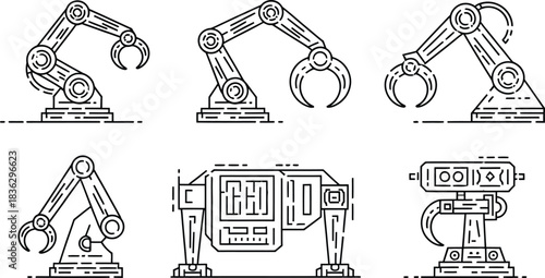 Robotic arm automation line icons set. Industrial factory machine and manufacturing claw vector illustration collection