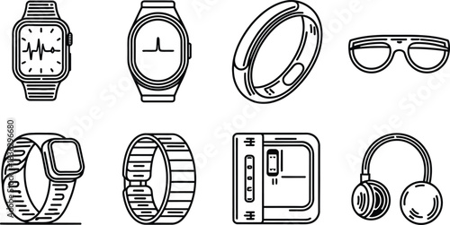Wearable technology line icons set. Smart devices, health trackers, and gadgets vector illustration collection