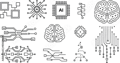 Artificial intelligence and circuit brain line icons set. Neural network, digital processor, and computer technology vector illustration collection