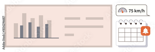 Bar graph with statistics, speed data in speech bubble, and calendar alert with bell icon. Ideal for analytics, productivity tools, goals planning, time management, scheduling, monitoring