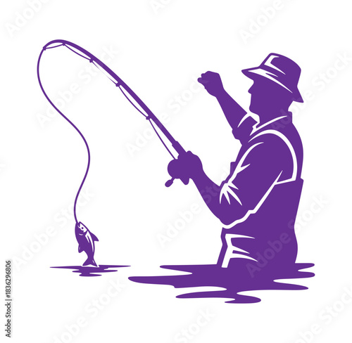 Silhouette of a fisherman enjoying angling catching a fish with rod and reel outdoors
