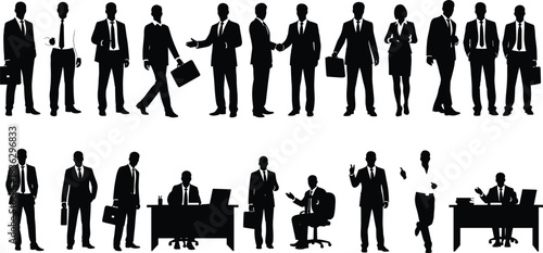 Large collection of business people silhouettes, men and women in suits shaking hands and working at desks, vector illustration for corporate office graphic design