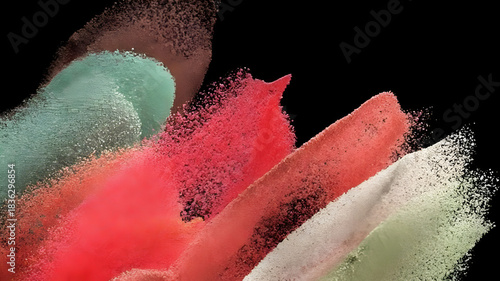 Vibrant abstract explosion of colorful powder particles against a stark black background creating a dynamic and energetic visual spectacle