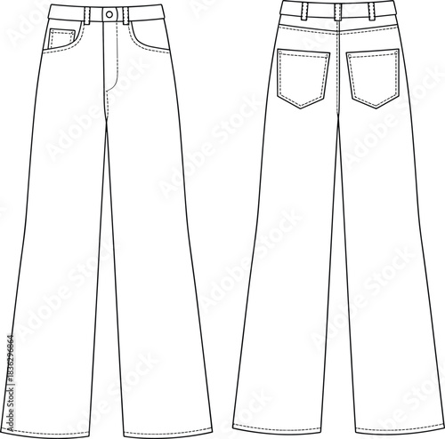 Wide leg jeans technical flat with pockets, waistband, belt loops, button fly, and topstitch details, front and back view fashion design vector illustration