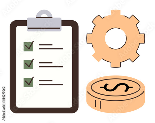 Clipboard with checklist, gear, and dollar coin symbolizing task management, process optimization, and financial strategy. Ideal for productivity, business planning, workflow organization