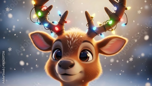 christmas reindeer rodolf with strings of lights on its horns, cute 3d cartoon