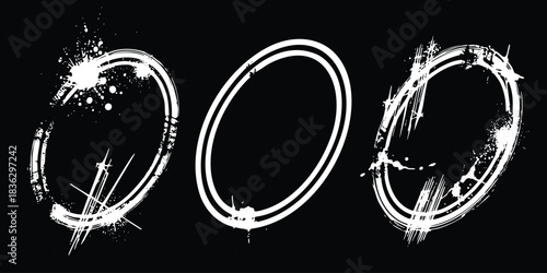 Set of white grungy oval shapes. Rough ellipses. Vector illustration. Trendy grunge design element for border frame, logo, tattoo, prints, web pages, social media, template and monochrome pattern