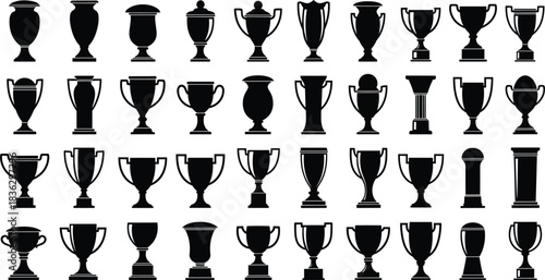 Large Collection of Trophy and Award Silhouettes, Vector Illustration Set of Different Championship Cups, Victory Prizes, and Sport Tournament Icons for Competition Success
