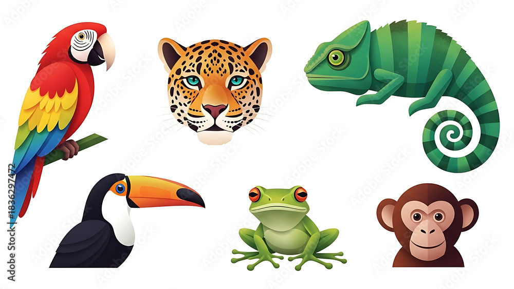 Fototapeta premium Rainforest Wildlife Portrait Set – Colorful Jungle Animal Vector Art