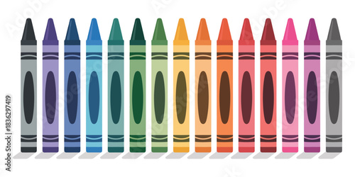 School supply crayon set with twelve vibrant colors such as black, blue, turquoise, teal, green, yellow, orange, red, pink, purple, brown, and gray, perfect for educational and creative designs