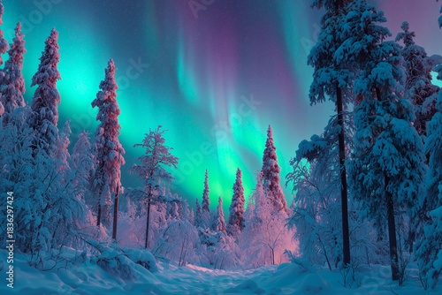 Wide panoramic shot of mystical snowy forest under a starry night sky. Vibrant aurora borealis polar lights in hues of turquoise green and violet dancing above.