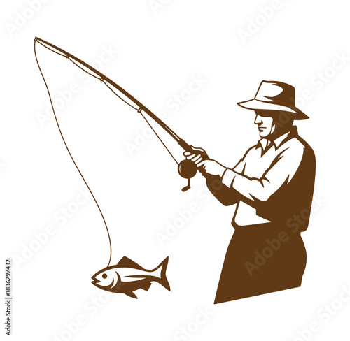 Vector illustration depicting fisherman casting a line and catching a fish in brown silhouette