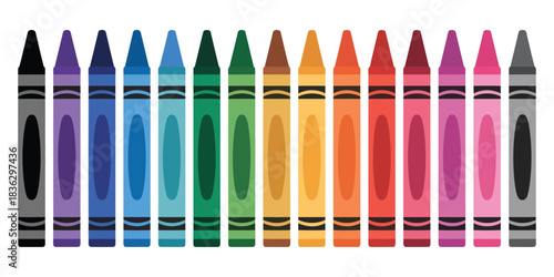 School supply crayon set with twelve vibrant colors such as black, blue, turquoise, teal, green, yellow, orange, red, pink, purple, brown, and gray, perfect for educational and creative designs