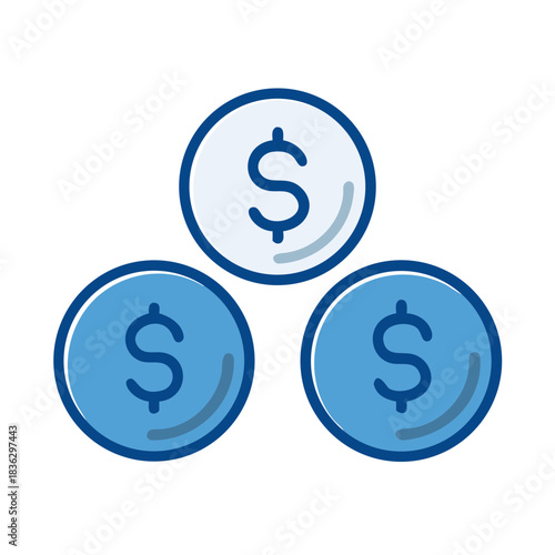 Three blue coins with dollar signs in flat design style  