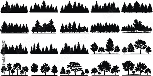 Large collection of vector forest silhouettes, black tree horizons featuring pine, spruce and deciduous woods, isolated nature landscape borders for graphic design projects.