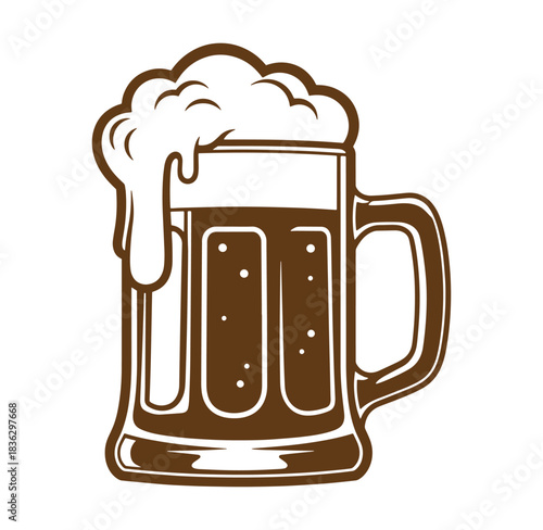 Vector illustration of a classic beer mug overflowing with foamy beer for branding