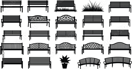 Large set of park bench silhouettes, vector collection of black outdoor seats isolated on white, garden furniture icons, street equipment, wooden and metal benches.