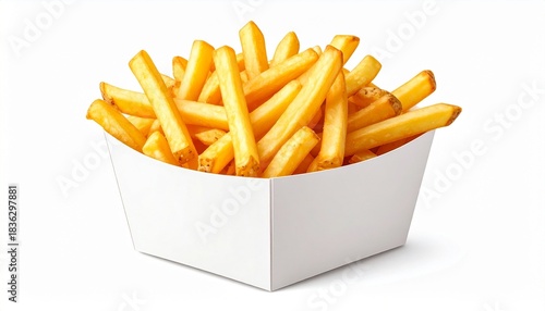 Golden French fries served in a plain white paper container on a clean white background.