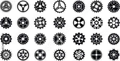 Large set of gear icons, vector collection of black cogwheels isolated on white background, industrial machine parts, mechanical transmission, engineering elements, settings symbol.