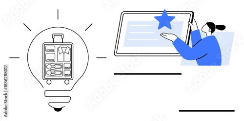 Travel planning, digital UX, innovation, organization, modern technology, branding. Lightbulb with suitcase inside and woman interacting with tablet. Travel planning and digital UX concepts