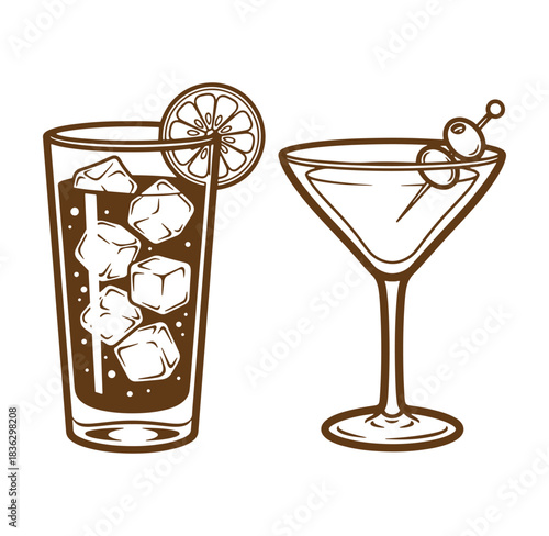Vector illustration of two classic cocktails with ice and garnishes in brown outline style