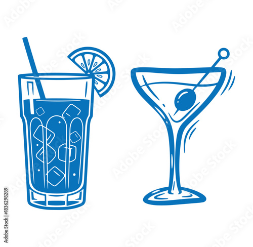 Vector illustration of two classic refreshing cocktail drinks with ice and decorative garnishes