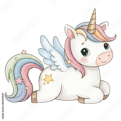 Cute cartoon unicorn character with a blue heart vector illustration 