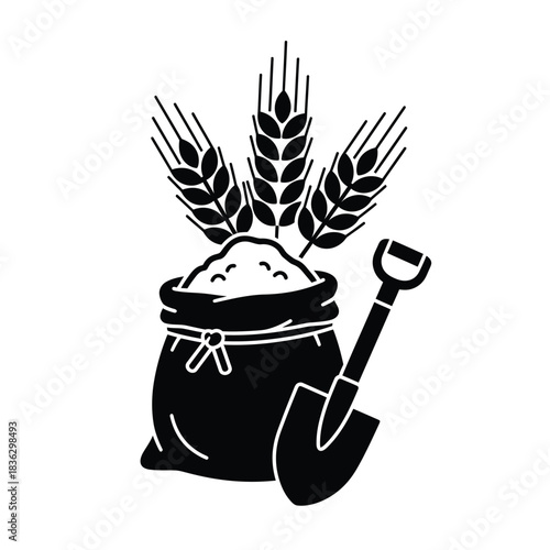 Bag of grain with wheat and shovel illustration harvest