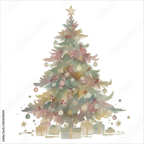 Vintage Watercolor Christmas Tree Vector Isolated on White Background
