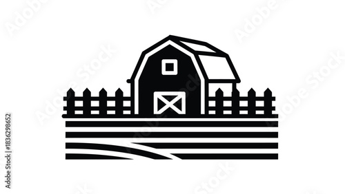 Black and White Barn with Fence and Fields Icon farm