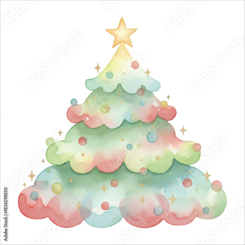 Cute Plump Watercolor Christmas Tree Vector Isolated on White Background

