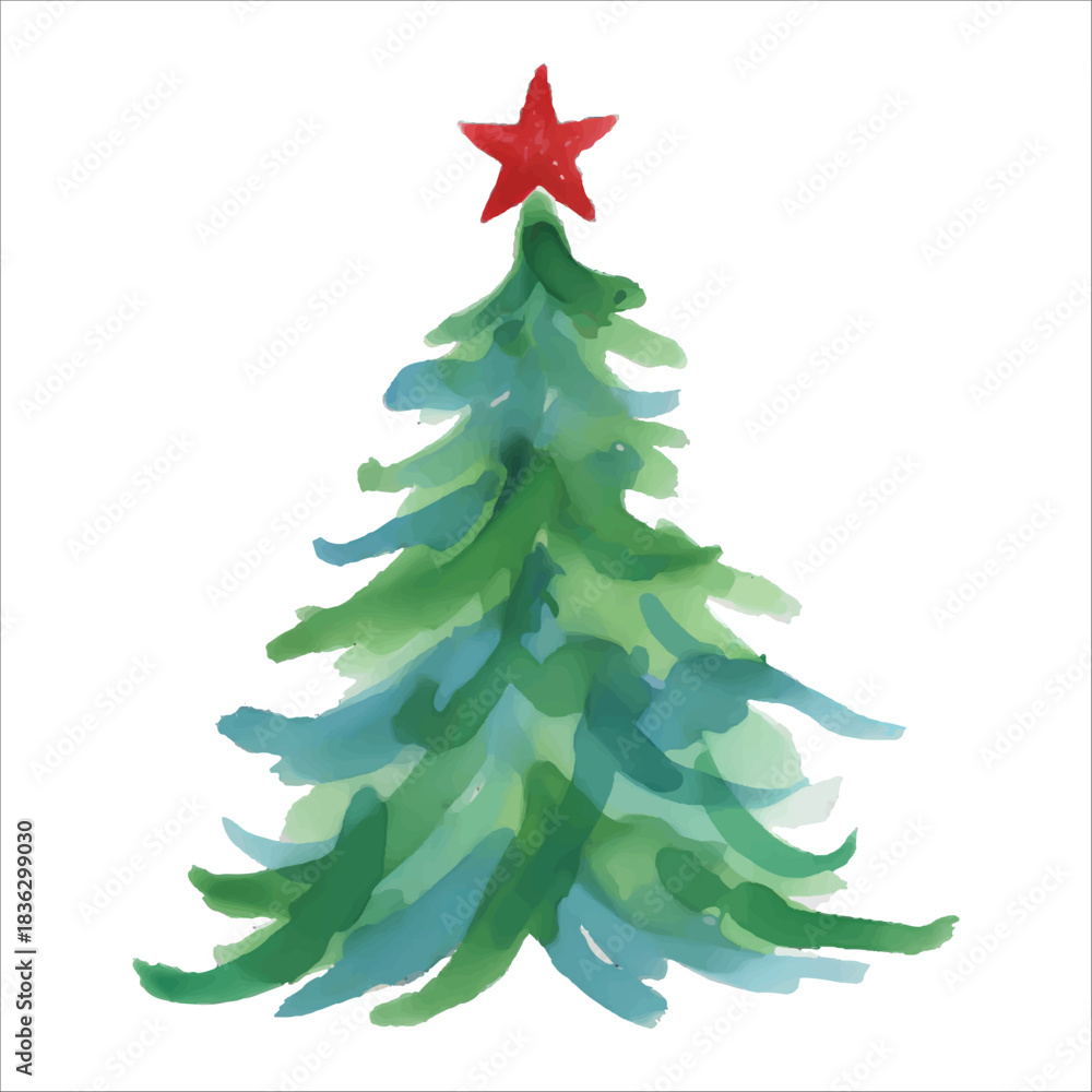 Fototapeta premium Festive Watercolor Christmas Tree with Red Star Vector Isolated on White Background 