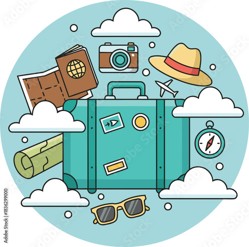 Planning a trip with suitcase and travel accessories representing adventure and summer vacation vibes