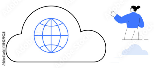 Cloud computing, global networking, data storage, digital collaboration, futuristic tech, virtual services. Image shows a globe inside a cloud with a person pointing. Cloud computing and global