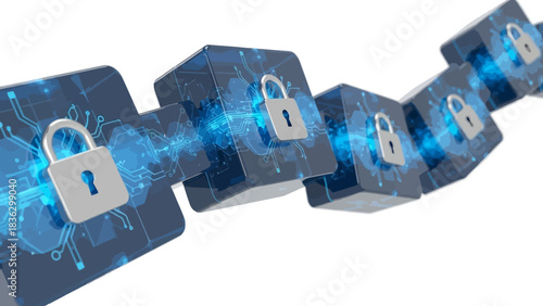 Secure blockchain technology with padlocks for digital privacy and protection, showcasing cybersecurity and data encryption with a modern tech aesthetic