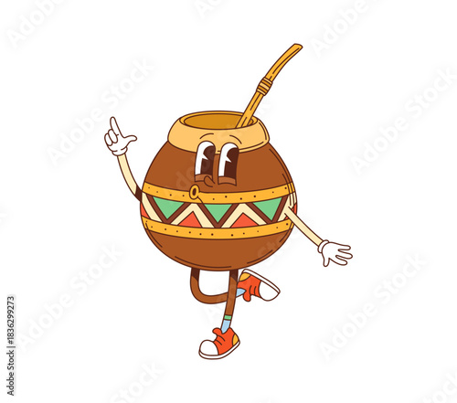 Mate tea calabash groovy cute character. South America vintage groovy cute mascot, herbal drink 60s 70s funky vector funny personage