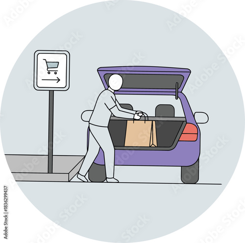 Shopper puts grocery bag in car trunk after shopping at the market for fresh food products