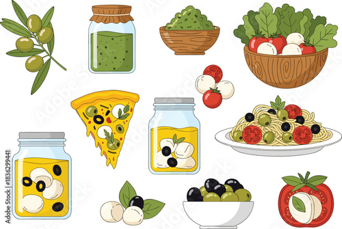 Mozzarella tomatoes olives pesto salad pasta pizza slice jars herbs Italian cuisine fresh ingredients cooking food illustration vector set Mediterranean recipe elements