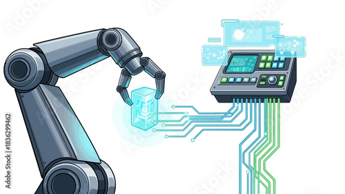 Automated robotic arm manipulating data with futuristic interface, showcasing advanced technology and innovation for industry and engineering solutions